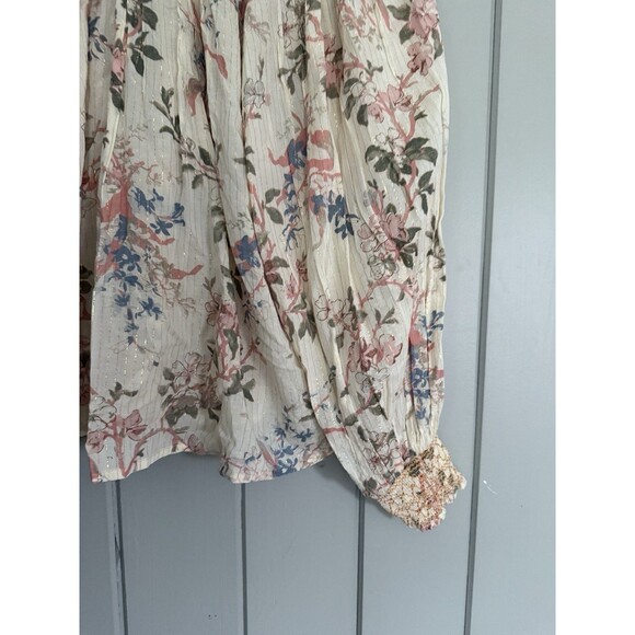 Anthropologie Top XXS Long Sleeve Smocked Lurex Bohemian Cream Pink Boho - Picture 7 of 8